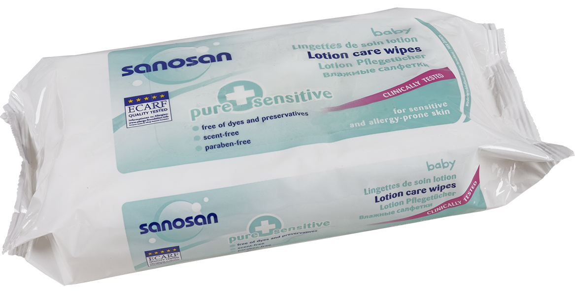 სანოსანი  Pure & sensitive - სველი ხელსახოცი მგრძნობიარე კანისათვის / SANOSAN LOTION CARE WIPES